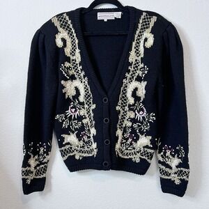 Vintage Westbound CHRISTMAS Sweater Sm Cardigan  Metallic Gold Beaded Bling Wool